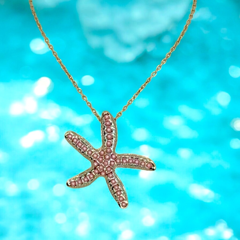 Starfish Pink and Gold Necklace with Pink Faux Pearl  Accents - Picture 3 of 9